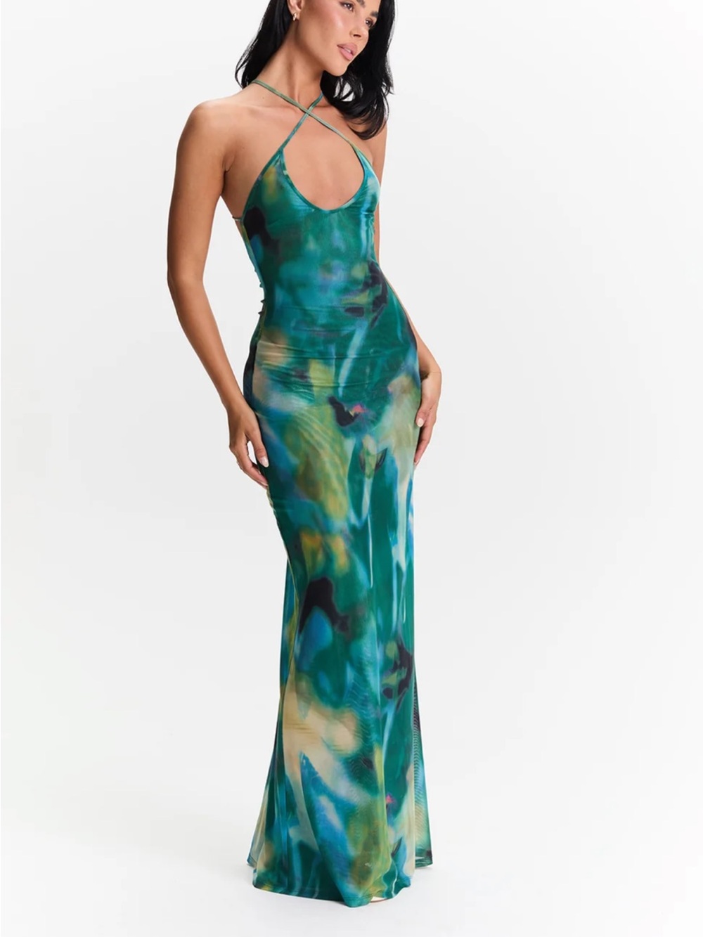 Green Marble Cross-Back Halter Maxi Dress
